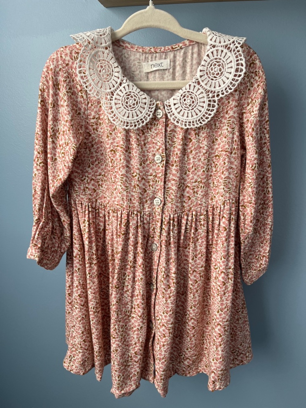 next Pink Floral Button-Front Dress with Crochet Collar